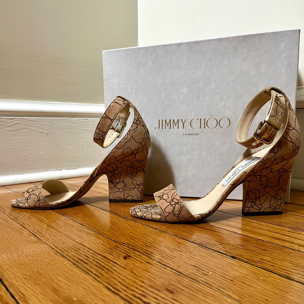 Jimmy Choo Edina Etched Cork Ankle-Wrap Sandals size 38 women’s 8